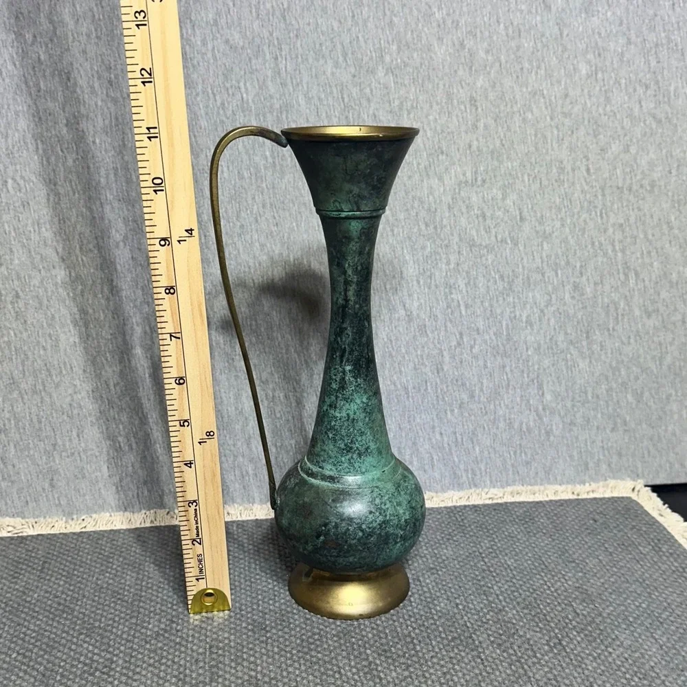 Vintage Grn Verdigris Enamel & Brass Pitcher/Vase Slender Handle Decor 9.5in